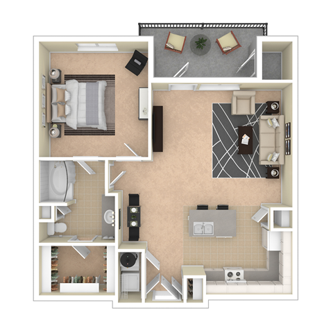 Floor plan for 1 bed, 1 bath, 877 sqft